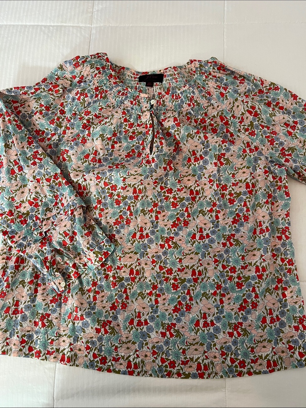 J. Crew Floral Smocked Neck Blouse in Poppy, Pink, Blue, Green